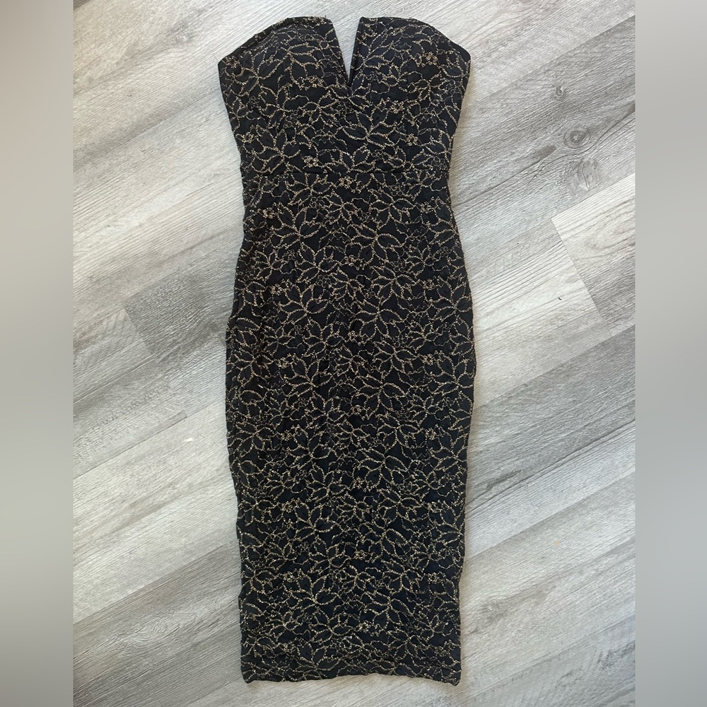Cameo Black and Gold Lace Strapless Dress